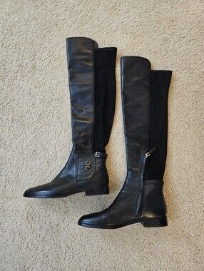 Tory Burch Black Leather & Suede Knee-High Riding Boots